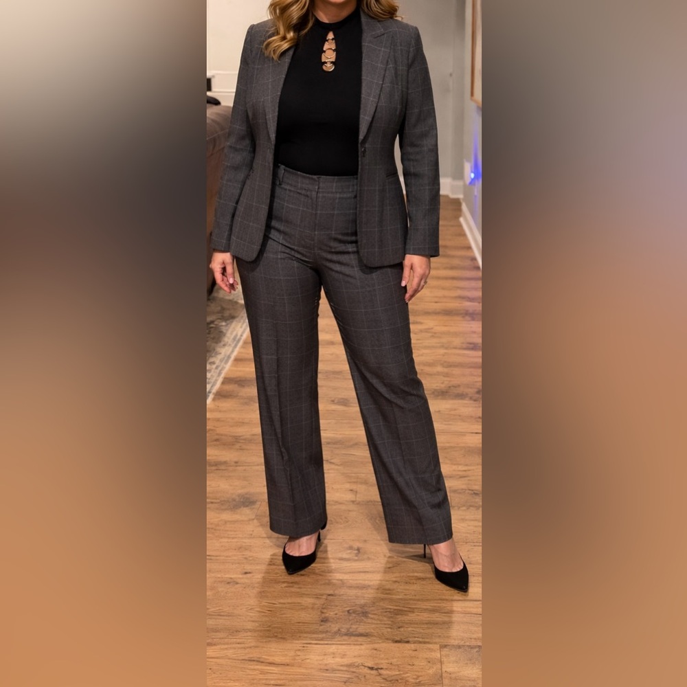 Tahari Charcoal Windowpane Straight-Leg Trousers